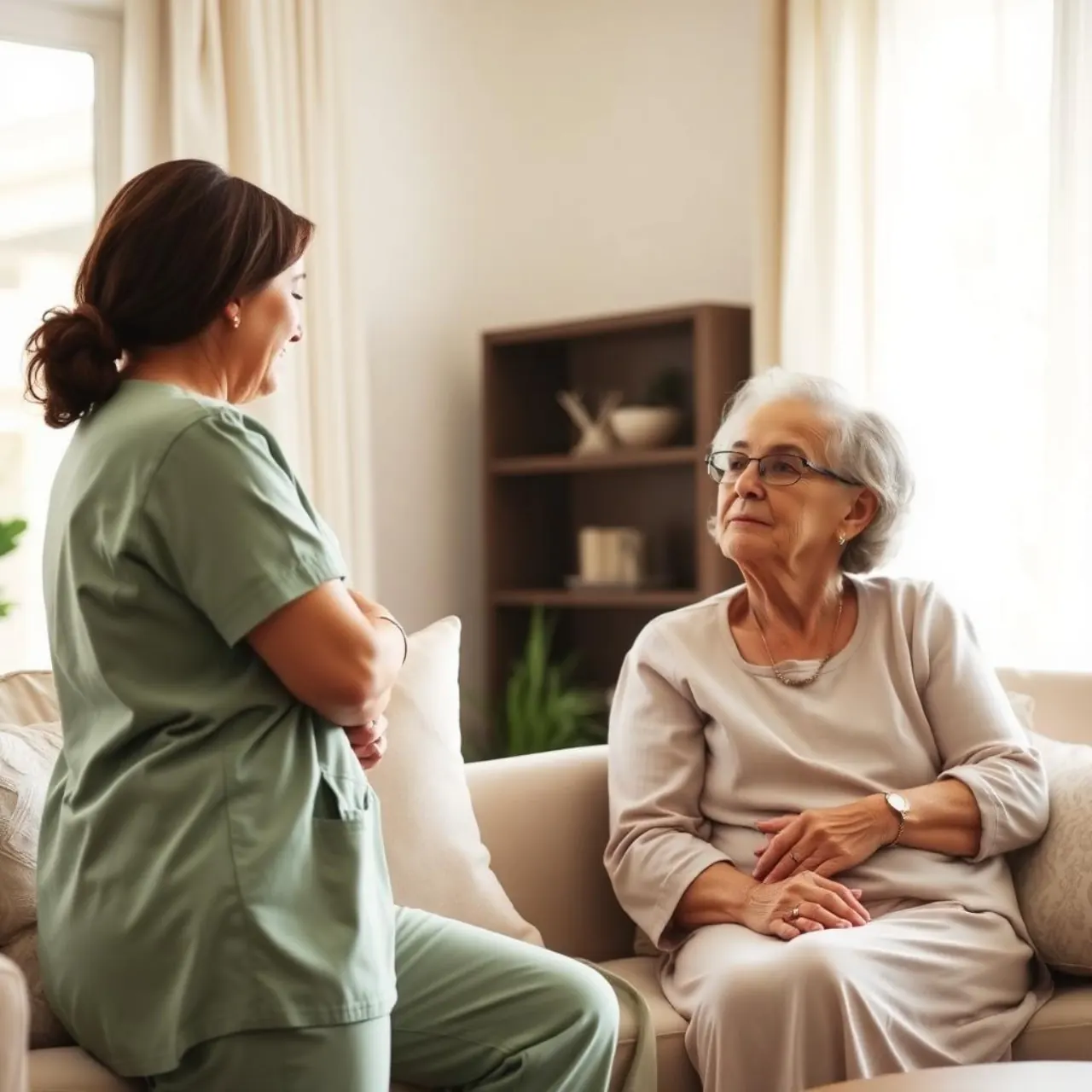 A nurse and an older woman in quiet conversation